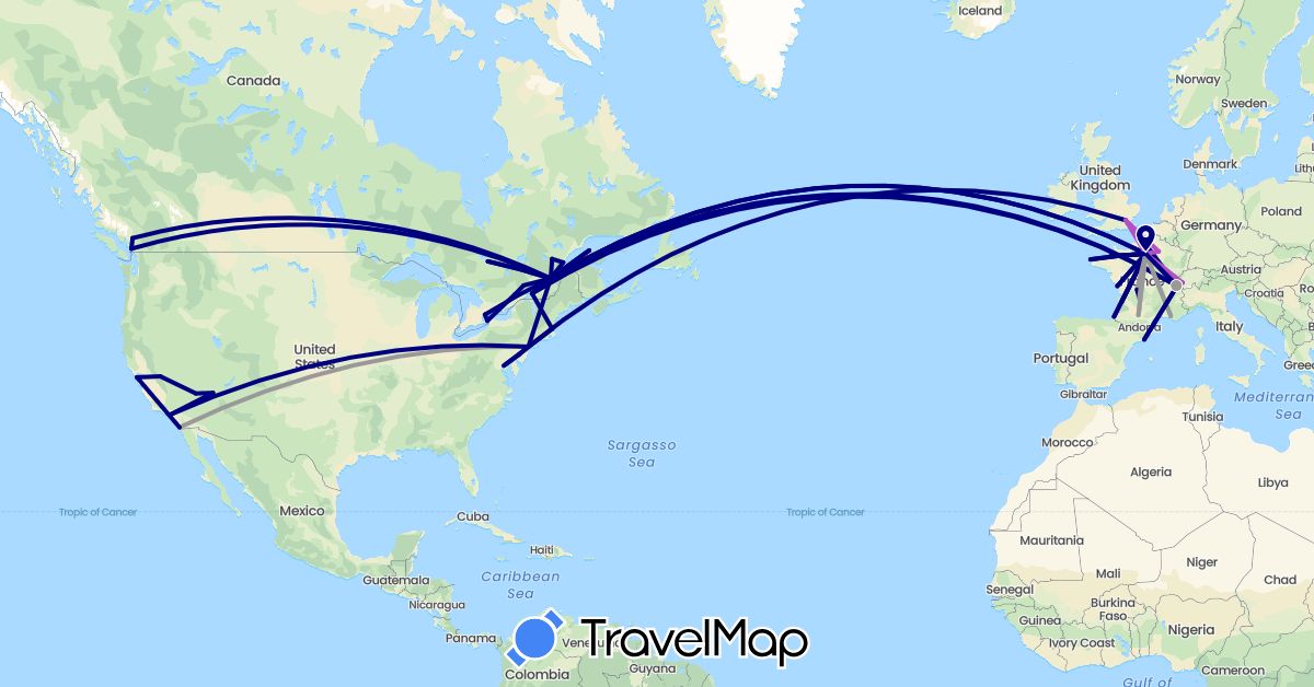 TravelMap itinerary: driving, plane, train in Canada, Switzerland, Spain, France, United Kingdom, United States (Europe, North America)